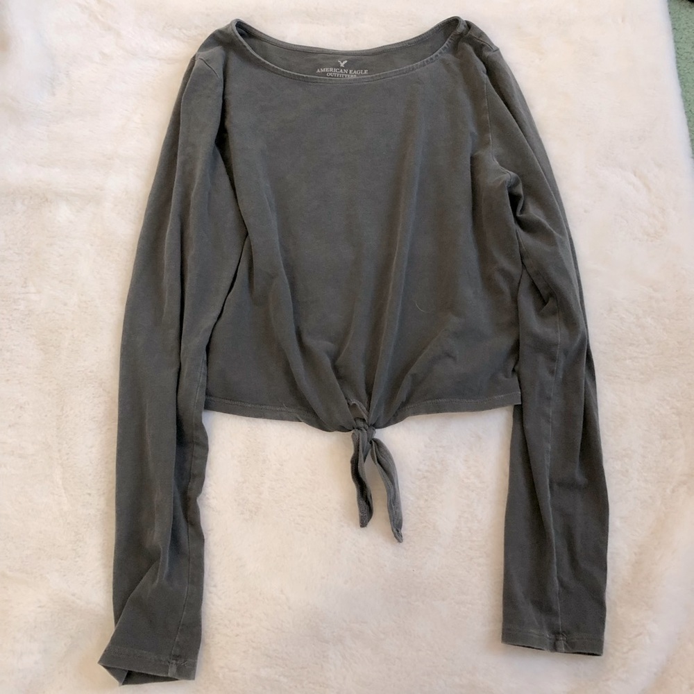 American Eagle Outfitters Girls Gray Tie Front Long Sleeve Top